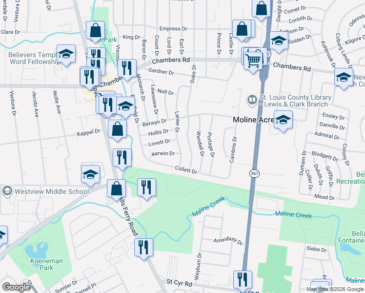 map of restaurants, bars, coffee shops, grocery stores, and more near 9743 Duke Drive in St. Louis