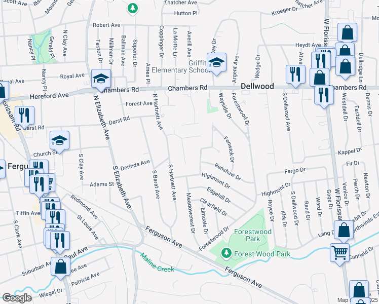 map of restaurants, bars, coffee shops, grocery stores, and more near 40 Dames Court in Ferguson