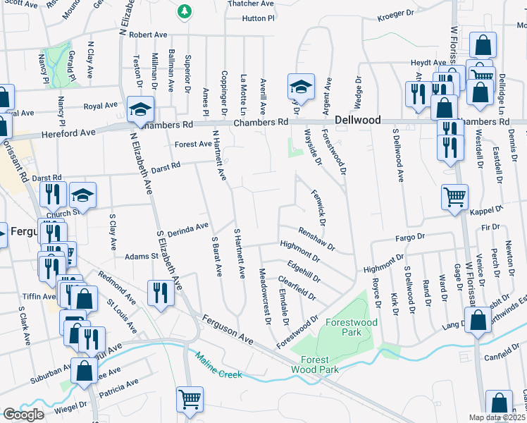 map of restaurants, bars, coffee shops, grocery stores, and more near 40 Dames Court in Ferguson