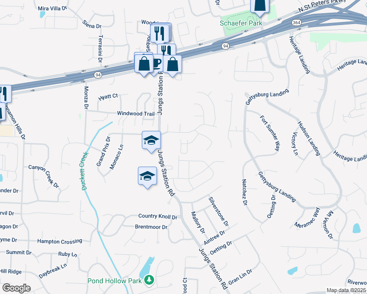 map of restaurants, bars, coffee shops, grocery stores, and more near 1600 Triangle Drive in St. Peters