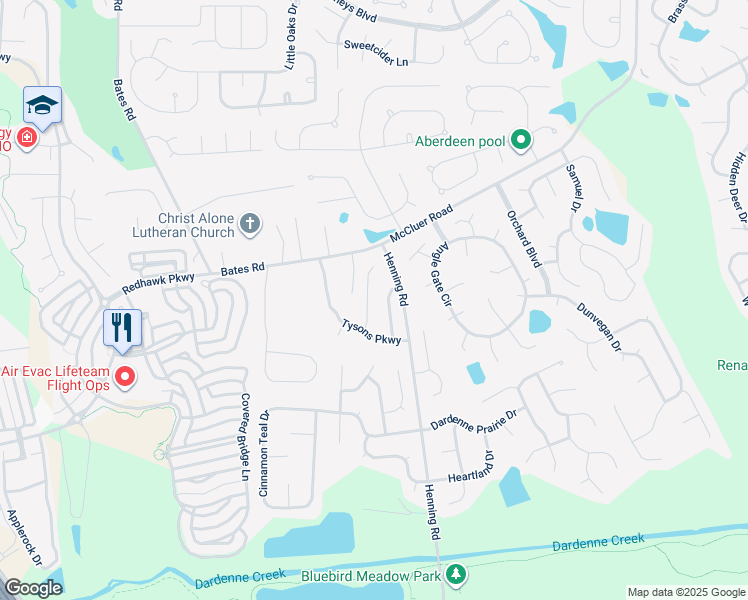 map of restaurants, bars, coffee shops, grocery stores, and more near 2608 Tysons Court in O'Fallon
