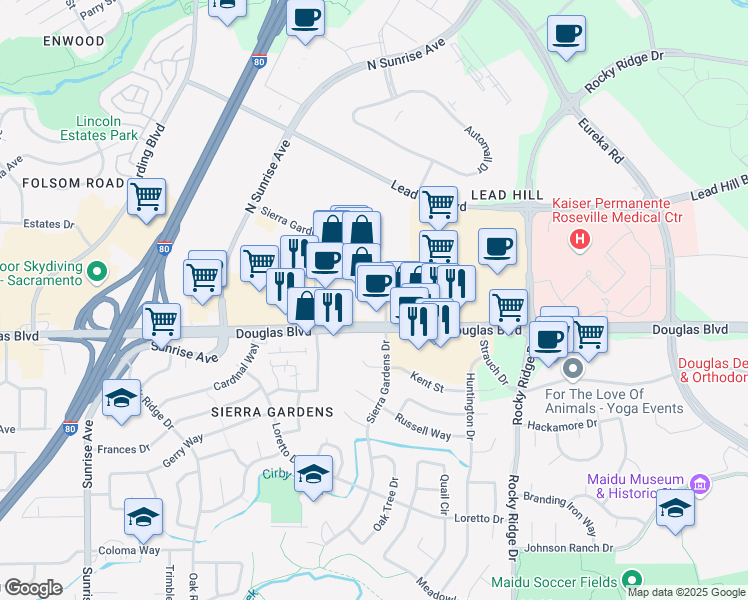 map of restaurants, bars, coffee shops, grocery stores, and more near 1821 Douglas Boulevard in Roseville