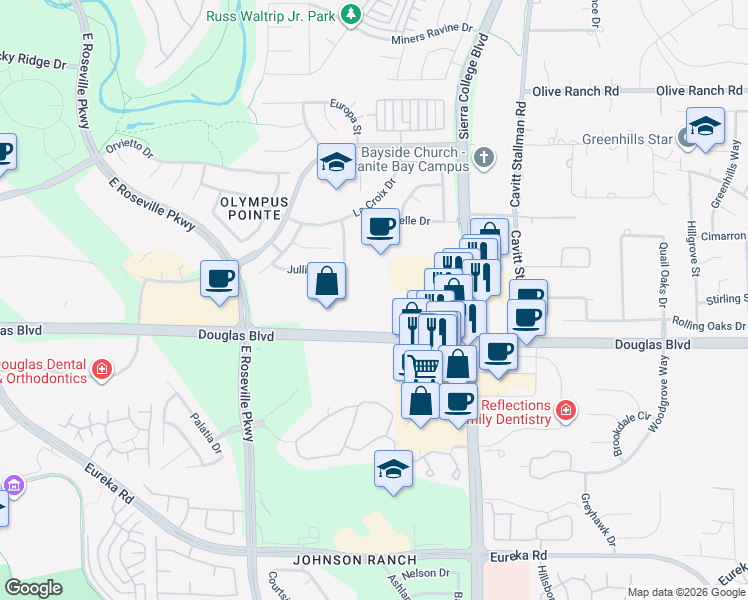 map of restaurants, bars, coffee shops, grocery stores, and more near 3721 Douglas Blvd in Roseville
