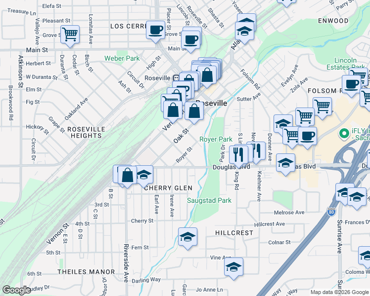 map of restaurants, bars, coffee shops, grocery stores, and more near 528 Royer Street in Roseville