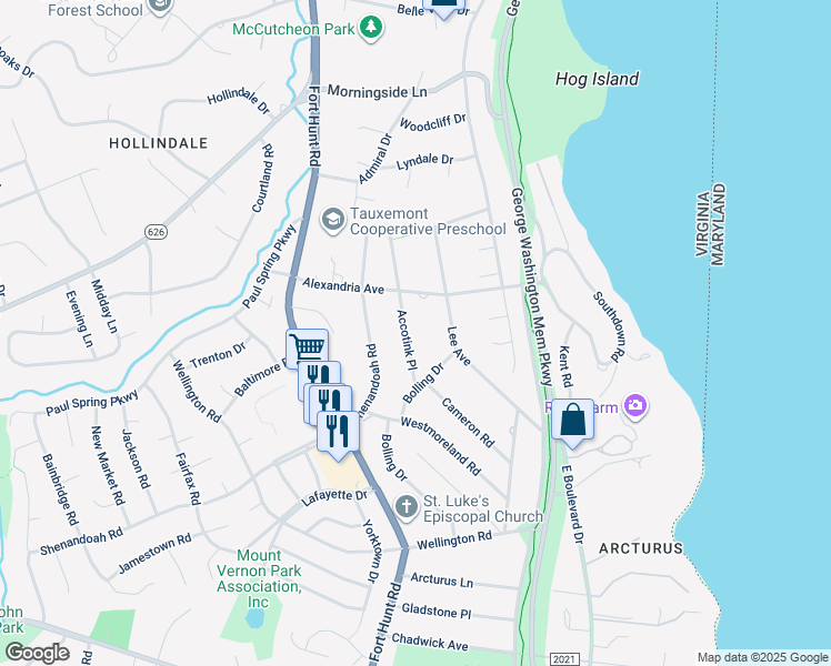 map of restaurants, bars, coffee shops, grocery stores, and more near 7813 Accotink Place in Alexandria