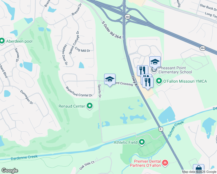 map of restaurants, bars, coffee shops, grocery stores, and more near 150 Waterford Crossing Dr in O'Fallon