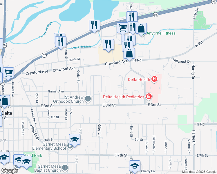 map of restaurants, bars, coffee shops, grocery stores, and more near 1055 East 3rd Street in Delta