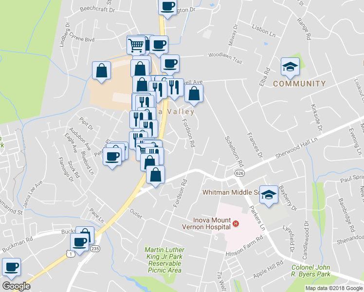 map of restaurants, bars, coffee shops, grocery stores, and more near 7814 Liberty Springs Circle in Alexandria