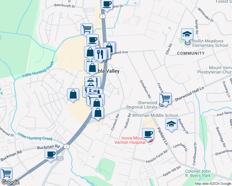 map of restaurants, bars, coffee shops, grocery stores, and more near 7814 Liberty Springs Circle in Alexandria