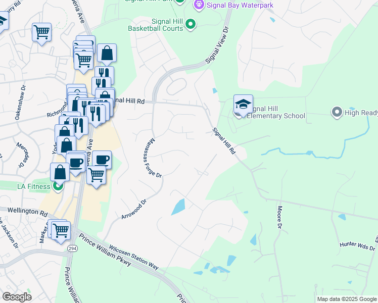 map of restaurants, bars, coffee shops, grocery stores, and more near 8016 Station Road in Manassas