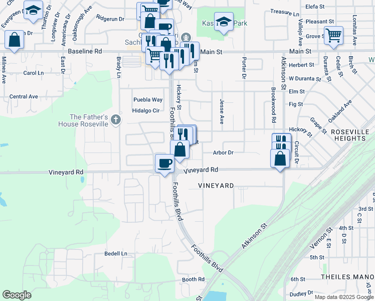 map of restaurants, bars, coffee shops, grocery stores, and more near 3031 Foothills Boulevard in Roseville