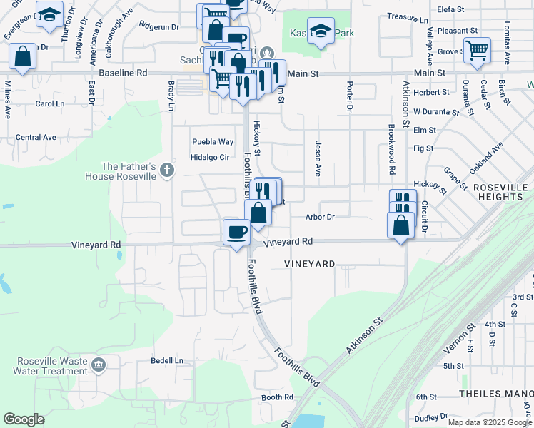 map of restaurants, bars, coffee shops, grocery stores, and more near 3031 Foothills Boulevard in Roseville