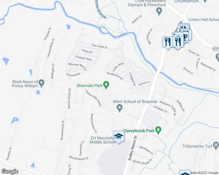 map of restaurants, bars, coffee shops, grocery stores, and more near 9634 Innerwick Place in Bristow