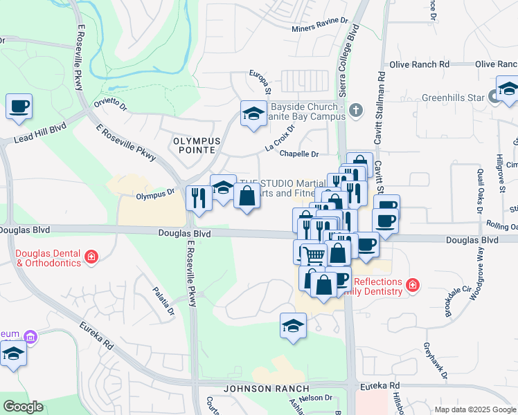 map of restaurants, bars, coffee shops, grocery stores, and more near 3013 Douglas Boulevard in Roseville
