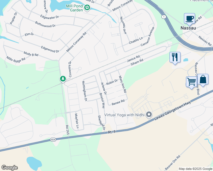 map of restaurants, bars, coffee shops, grocery stores, and more near 31597 Oak Court in Lewes