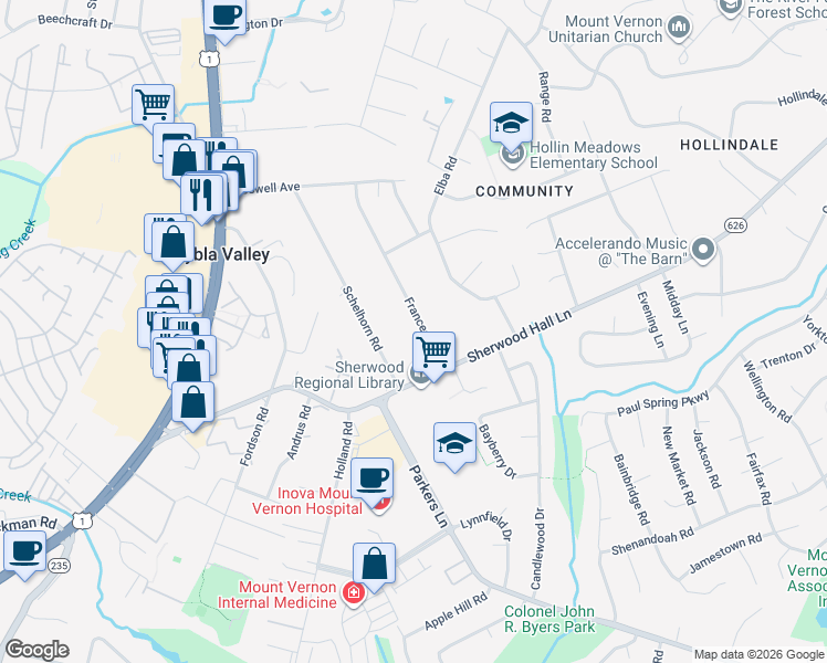 map of restaurants, bars, coffee shops, grocery stores, and more near 7816 Frances Drive in Alexandria
