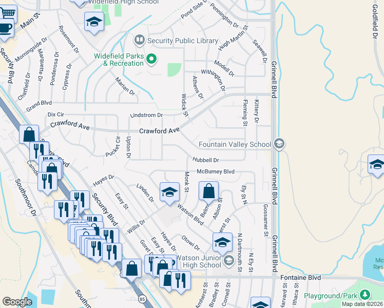 map of restaurants, bars, coffee shops, grocery stores, and more near 874 Hubbell Drive in Colorado Springs