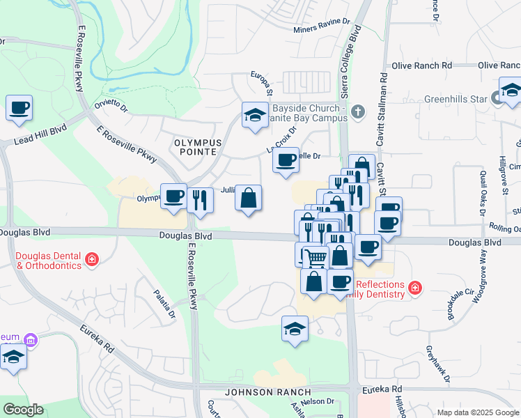 map of restaurants, bars, coffee shops, grocery stores, and more near 3013 Douglas Boulevard in Roseville