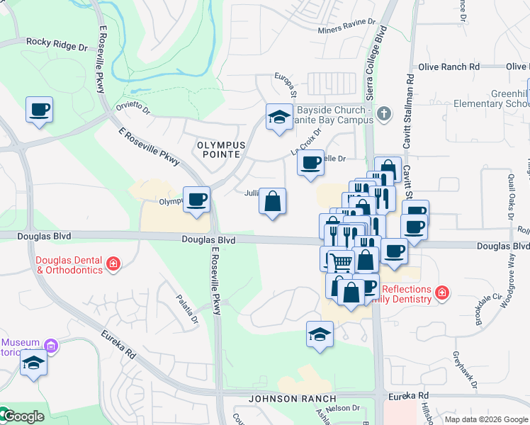 map of restaurants, bars, coffee shops, grocery stores, and more near 3009 Douglas Boulevard in Roseville