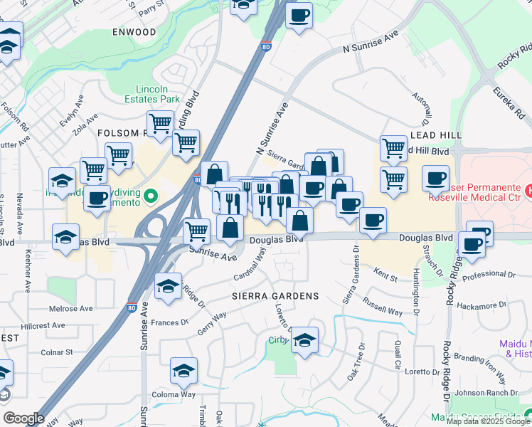 map of restaurants, bars, coffee shops, grocery stores, and more near 1609 Douglas Boulevard in Roseville