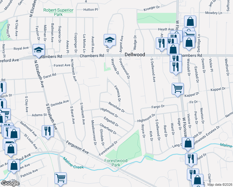 map of restaurants, bars, coffee shops, grocery stores, and more near 113 Fenwick Drive in Ferguson