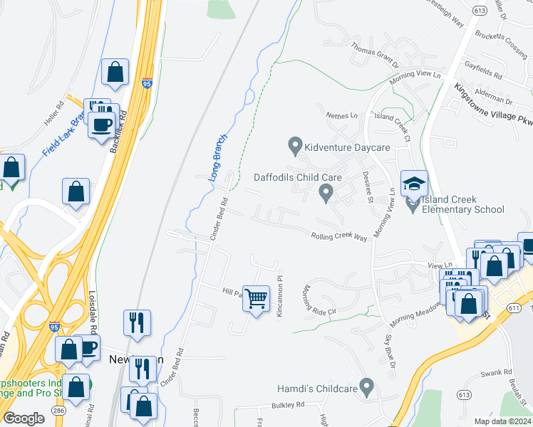 map of restaurants, bars, coffee shops, grocery stores, and more near 7814 Birch Branch Terrace in Alexandria