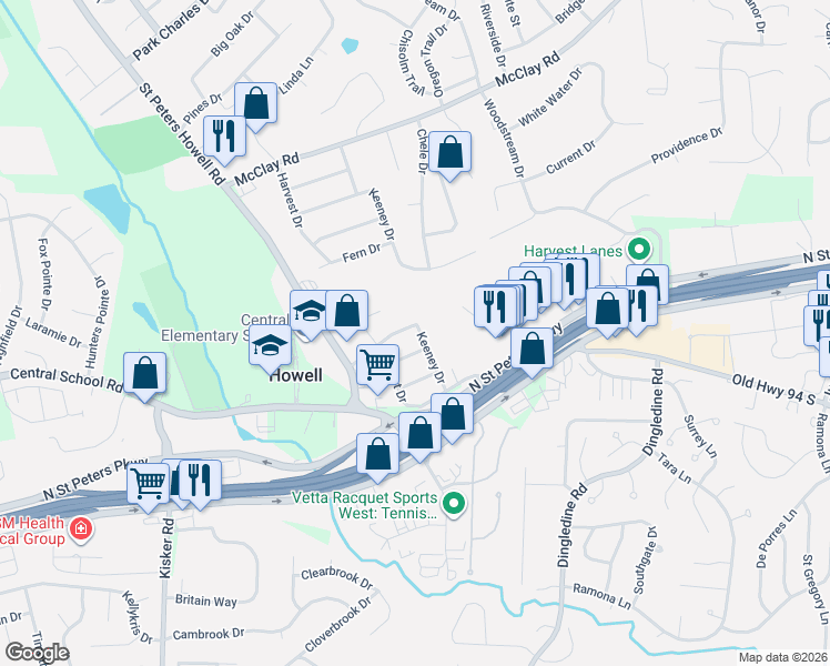 map of restaurants, bars, coffee shops, grocery stores, and more near 127 Keeney Dr in St Charles