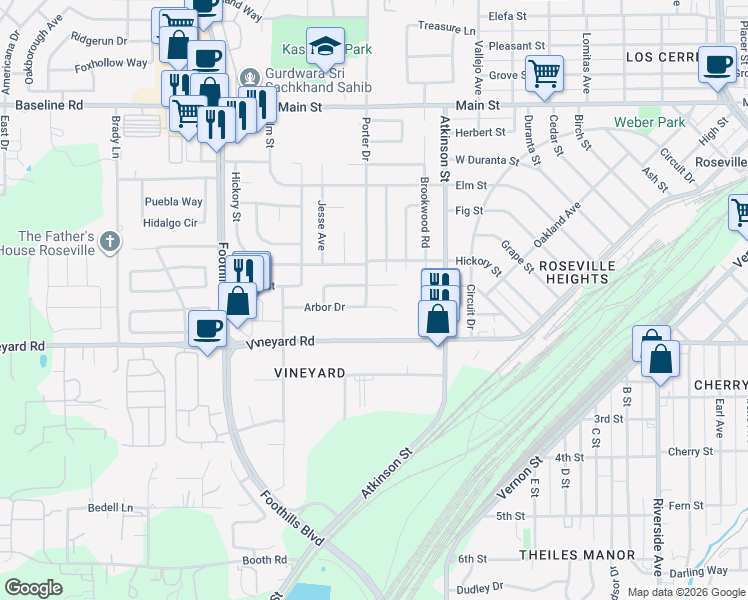 map of restaurants, bars, coffee shops, grocery stores, and more near 1247 Arbor Court in Roseville