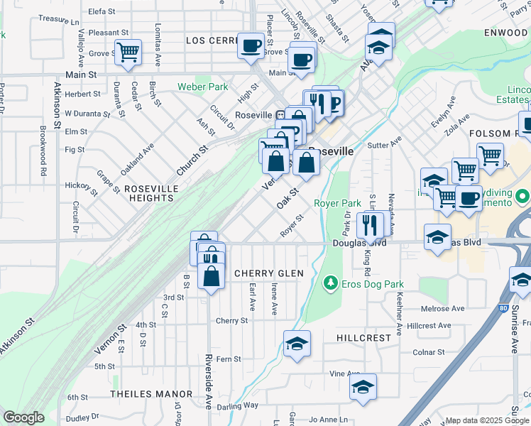 map of restaurants, bars, coffee shops, grocery stores, and more near 608 Oak Street in Roseville