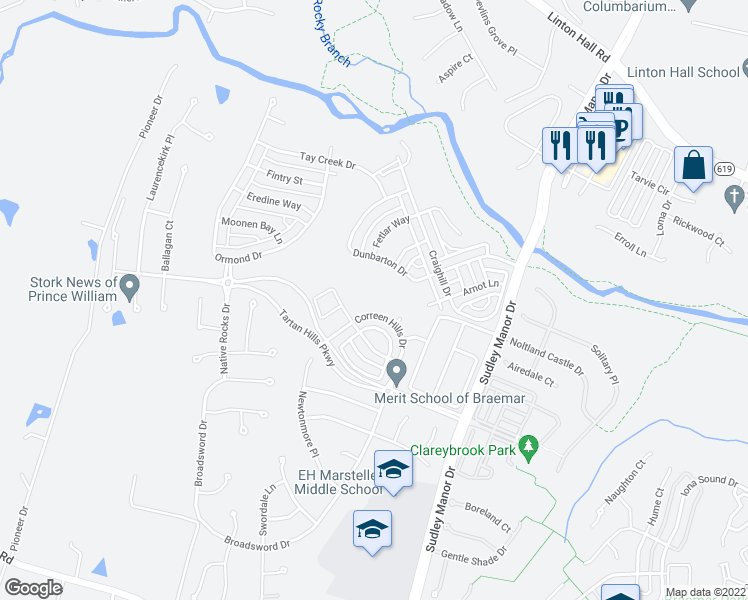 map of restaurants, bars, coffee shops, grocery stores, and more near 9657 Innerwick Place in Bristow