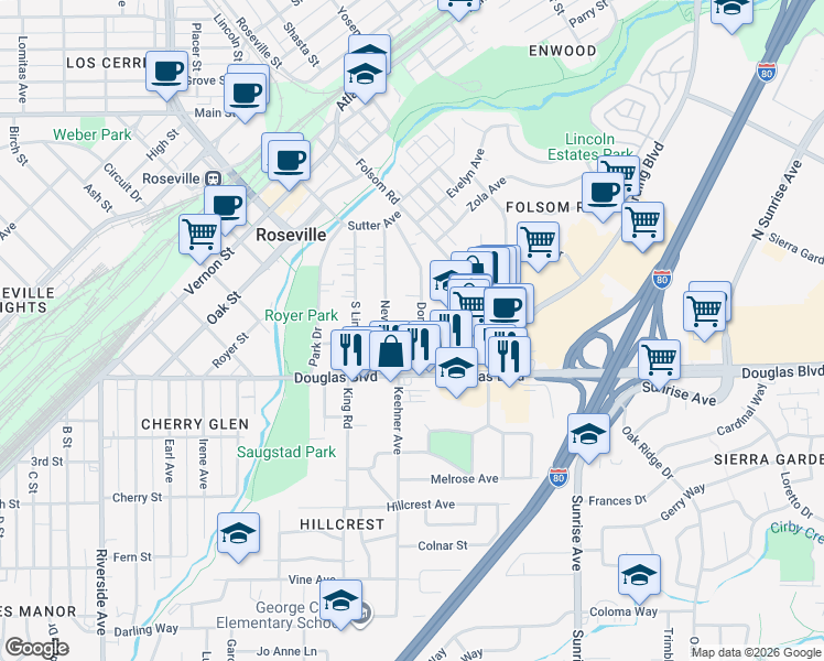 map of restaurants, bars, coffee shops, grocery stores, and more near 213 Donner Avenue in Roseville