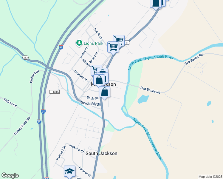 map of restaurants, bars, coffee shops, grocery stores, and more near 133 Bridge Street in Mount Jackson