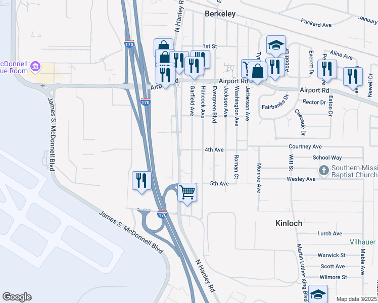 map of restaurants, bars, coffee shops, grocery stores, and more near 5952 Madison Avenue in St. Louis