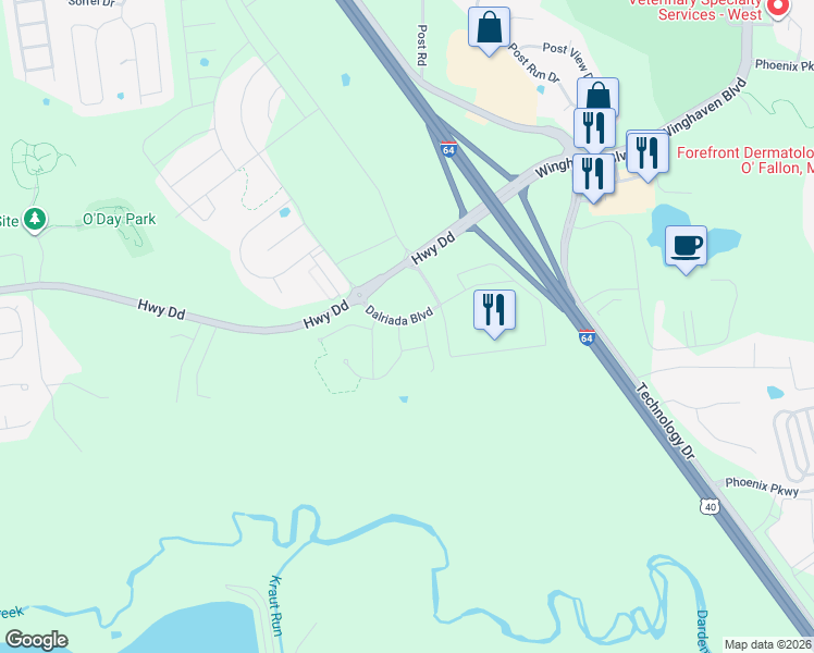 map of restaurants, bars, coffee shops, grocery stores, and more near 901 Caledonia Drive in O'Fallon