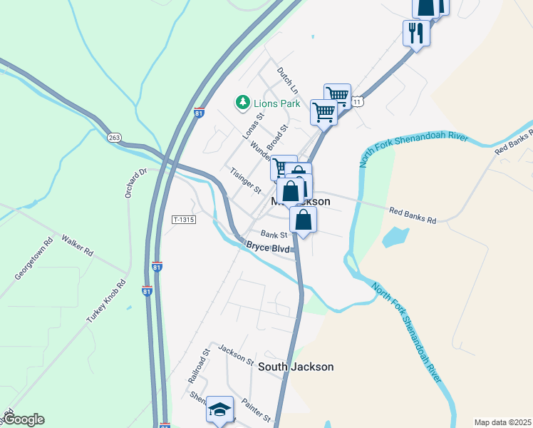 map of restaurants, bars, coffee shops, grocery stores, and more near Orkney Drive in Mount Jackson