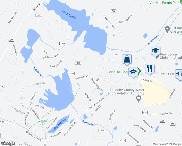 map of restaurants, bars, coffee shops, grocery stores, and more near 3628 Dockside Drive in Warrenton