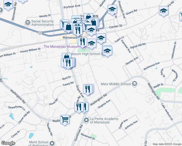 map of restaurants, bars, coffee shops, grocery stores, and more near 9700 Main Street in Manassas