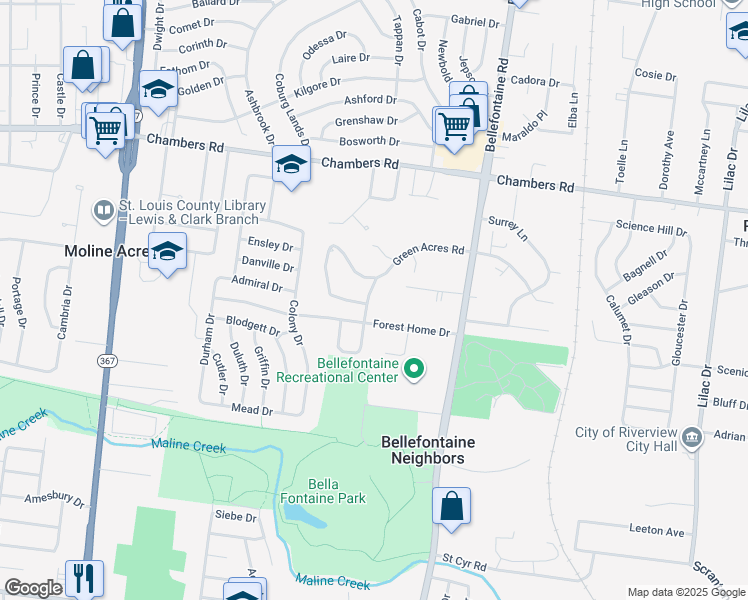 map of restaurants, bars, coffee shops, grocery stores, and more near 216 Green Acres Road in St. Louis