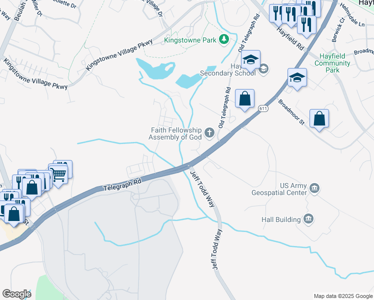 map of restaurants, bars, coffee shops, grocery stores, and more near 6091 Piney Woods Court in Alexandria