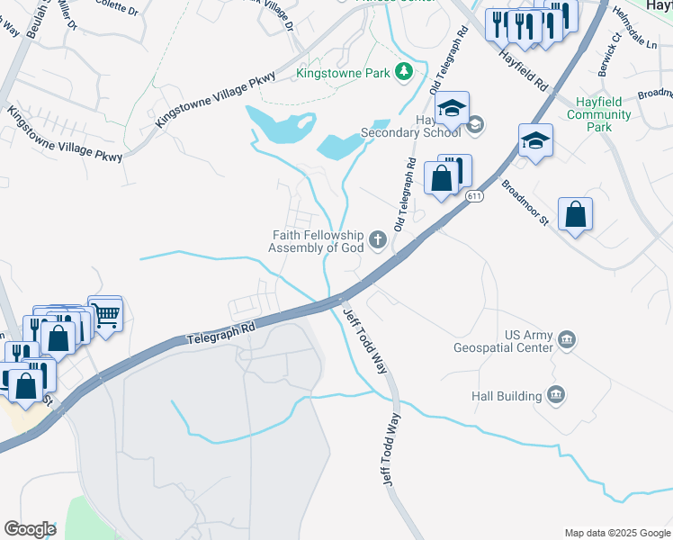 map of restaurants, bars, coffee shops, grocery stores, and more near 6091 Piney Woods Court in Alexandria