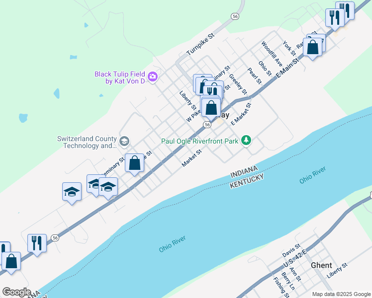map of restaurants, bars, coffee shops, grocery stores, and more near 201 Union Street in Vevay