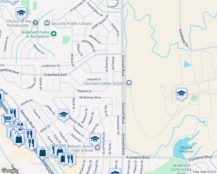 map of restaurants, bars, coffee shops, grocery stores, and more near 1135 Hubbell Drive in Colorado Springs