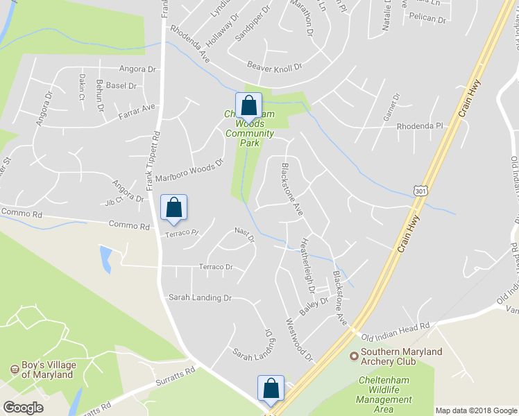 map of restaurants, bars, coffee shops, grocery stores, and more near 10505 Gloucester Lane in Upper Marlboro