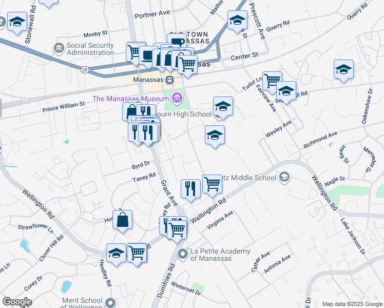 map of restaurants, bars, coffee shops, grocery stores, and more near 9700 Main Street in Manassas