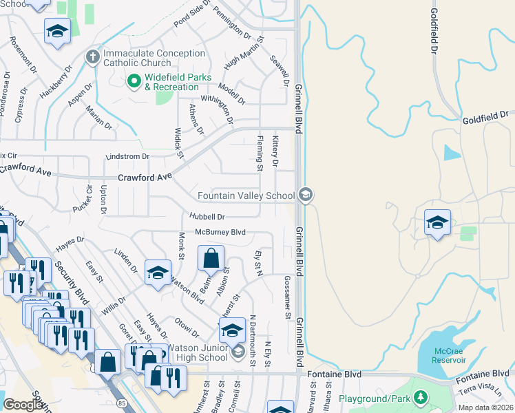 map of restaurants, bars, coffee shops, grocery stores, and more near 1115 Hubbell Drive in Colorado Springs