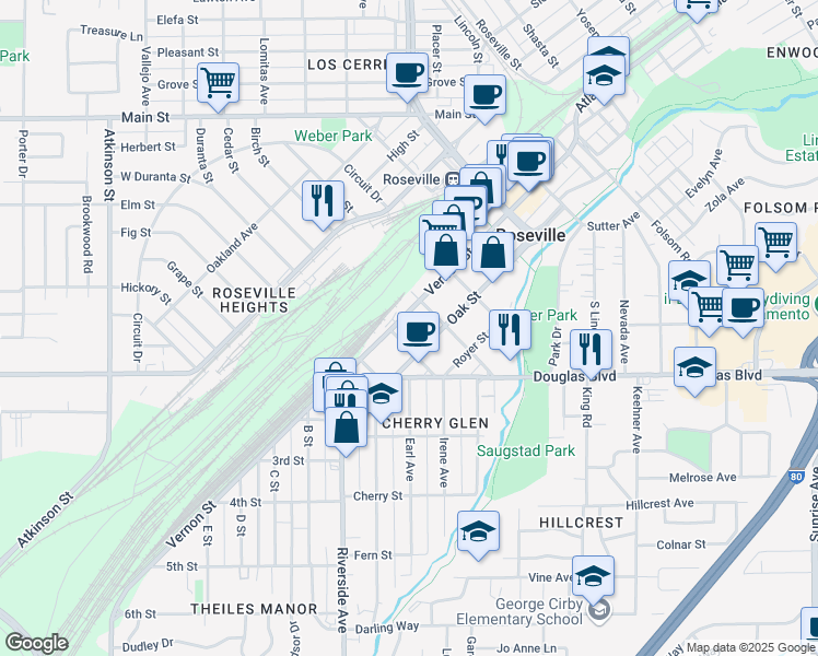 map of restaurants, bars, coffee shops, grocery stores, and more near 725 Vernon Street in Roseville