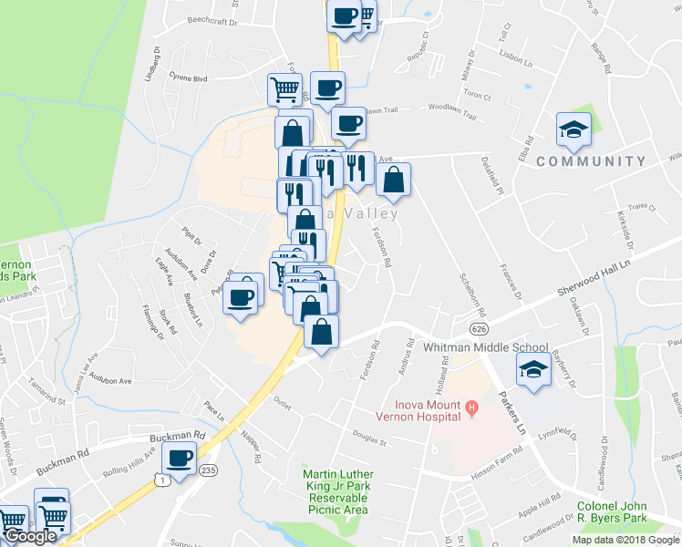map of restaurants, bars, coffee shops, grocery stores, and more near 3015 Kings Village Road in Alexandria