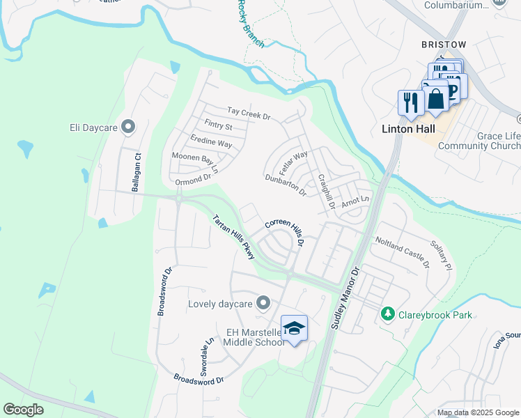 map of restaurants, bars, coffee shops, grocery stores, and more near 13008 Shenvale Circle in Bristow