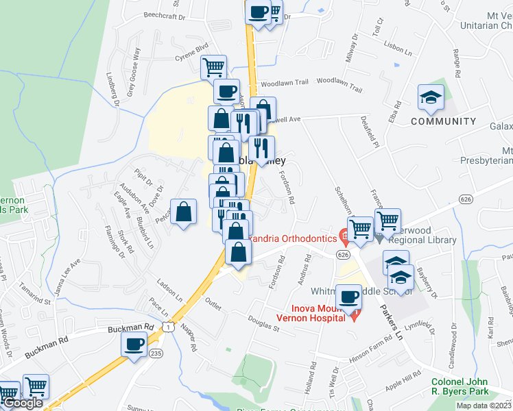 map of restaurants, bars, coffee shops, grocery stores, and more near 3015 Kings Village Road in Alexandria