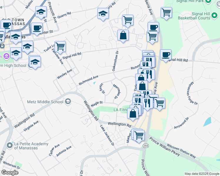 map of restaurants, bars, coffee shops, grocery stores, and more near 8642 Beck Lane in Manassas